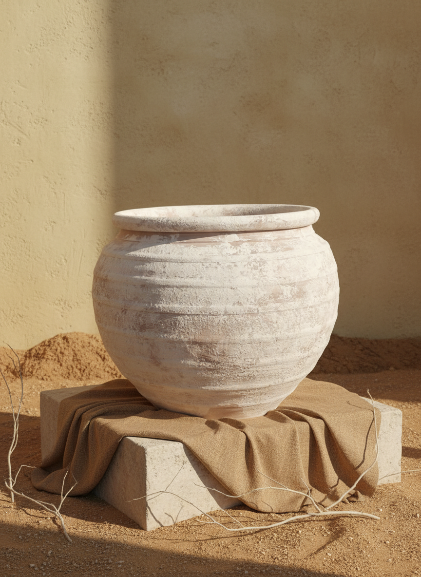 Vase rustique beige ivoire et terracotta à corps arrondi et finition texturée
