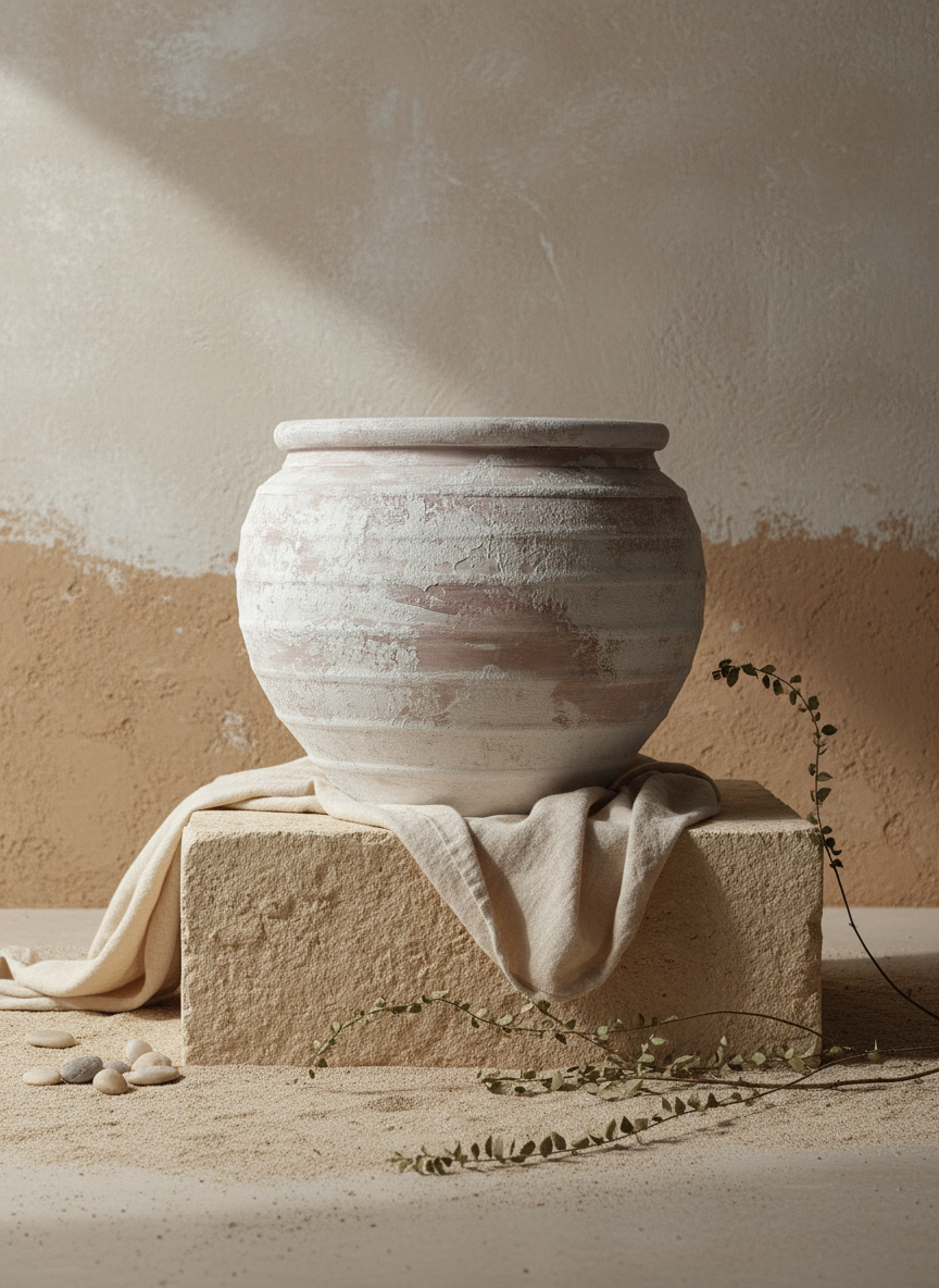 Vase rustique en terre cuite beige à corps arrondi et finition texturée