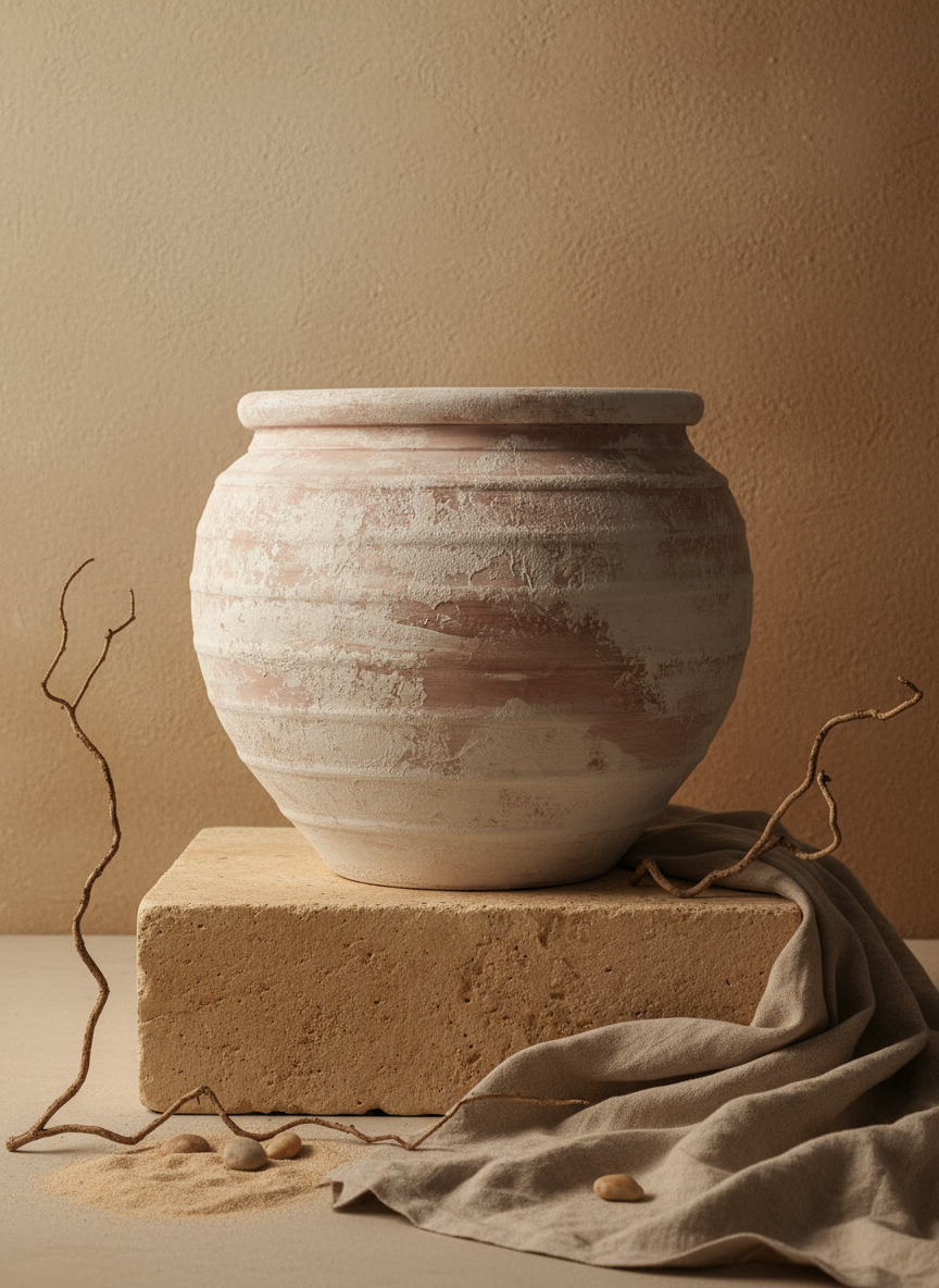 Rustikale beige Terrakotta-Vase mit abgerundetem Körper und strukturierter Oberfläche