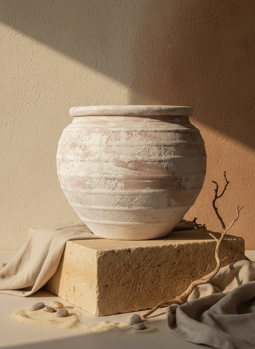 Rustieke ivoorbeige terracotta vaas met een rond lichaam en gestructureerde afwerking