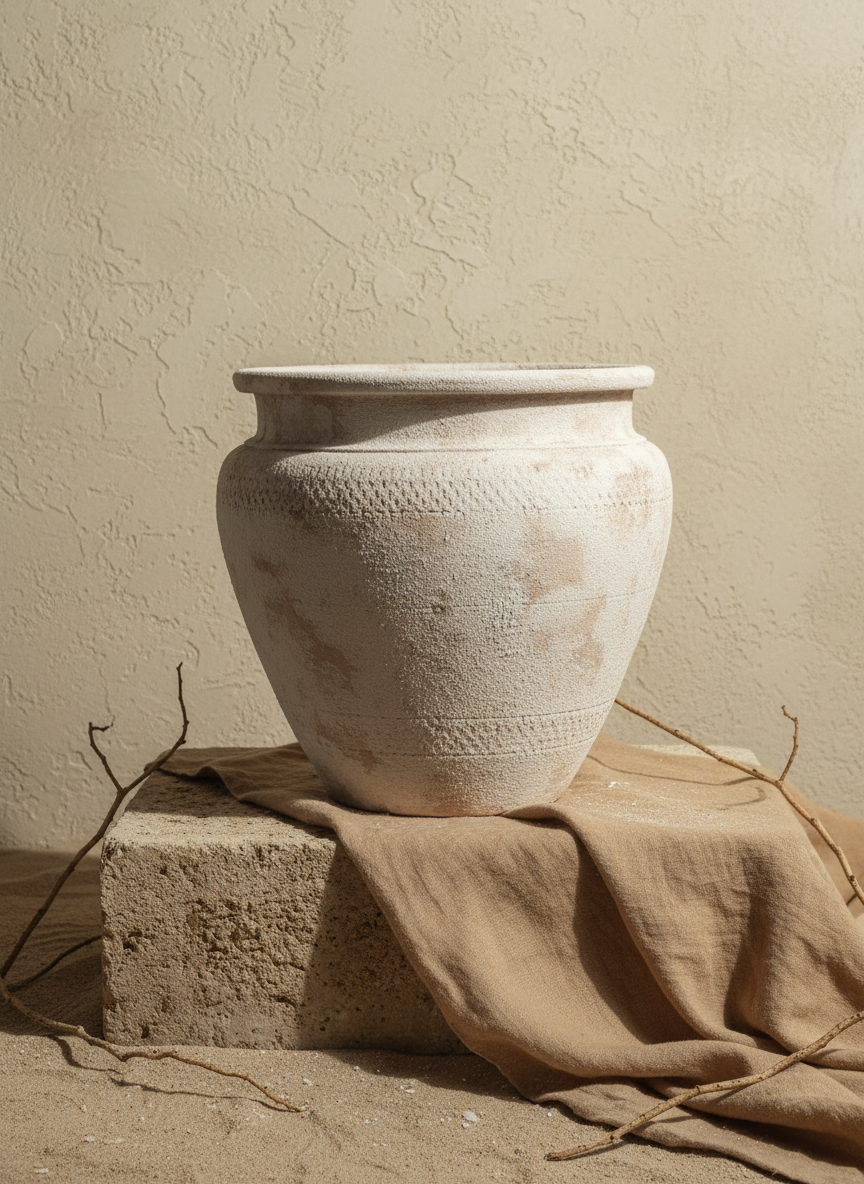 Vase rustique en terre cuite beige à corps arrondi et finition texturée