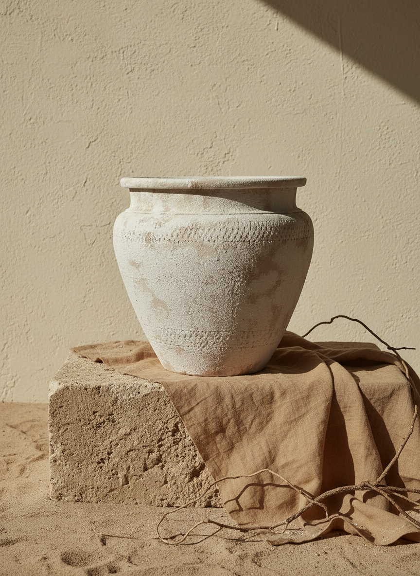 Vase rustique en terre cuite beige à corps arrondi et finition texturée