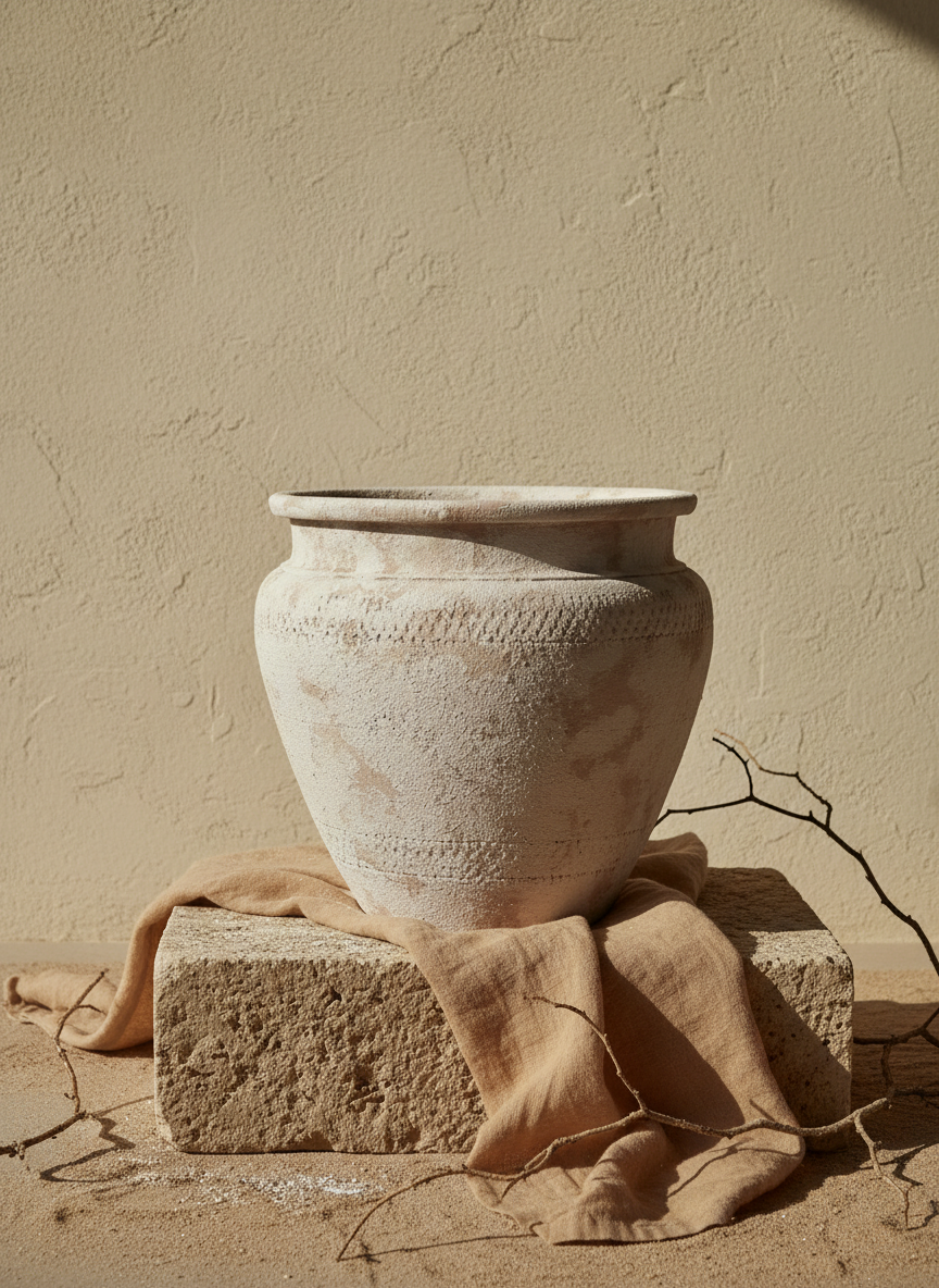 Vase rustique en terre cuite beige à corps arrondi et finition texturée