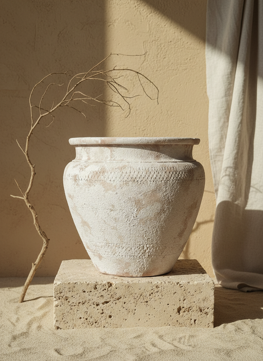 Vaso rustico in terracotta beige con corpo arrotondato e finitura materica