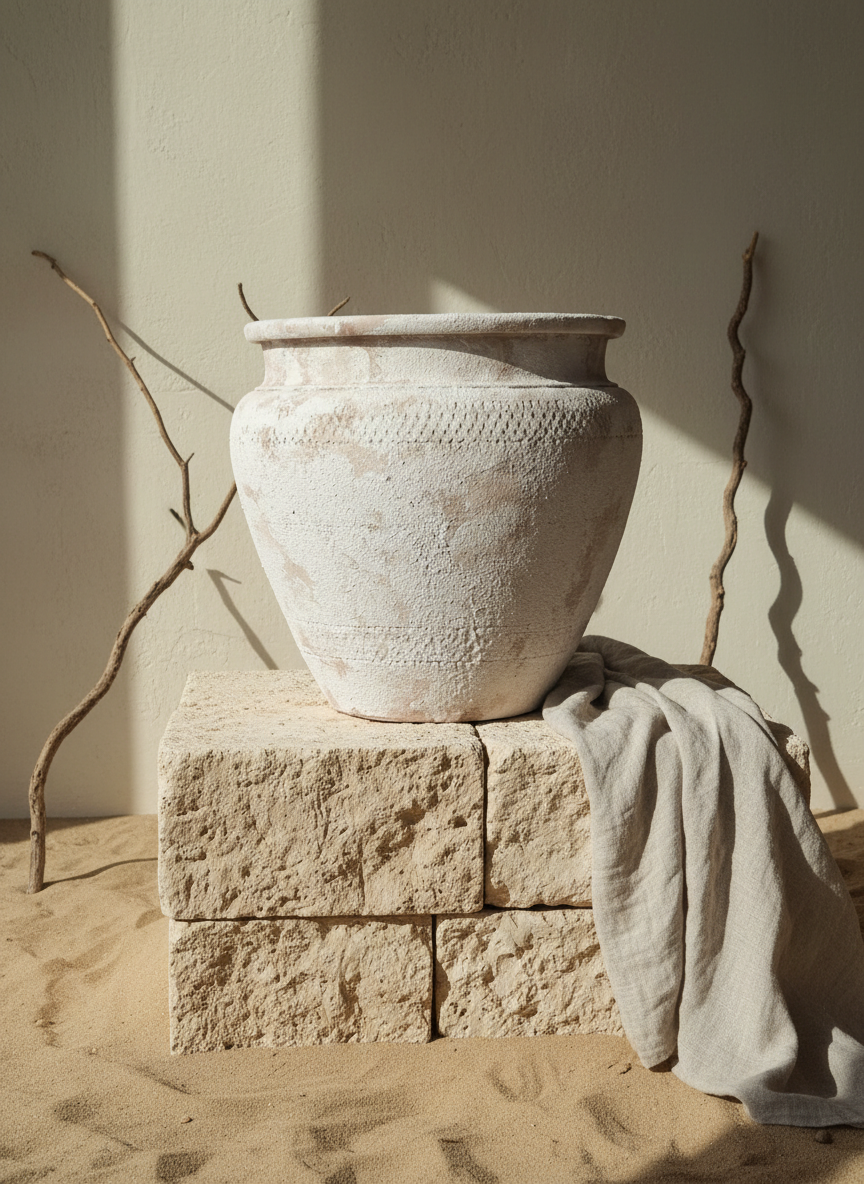 Vase rustique en terre cuite beige à corps arrondi et finition texturée