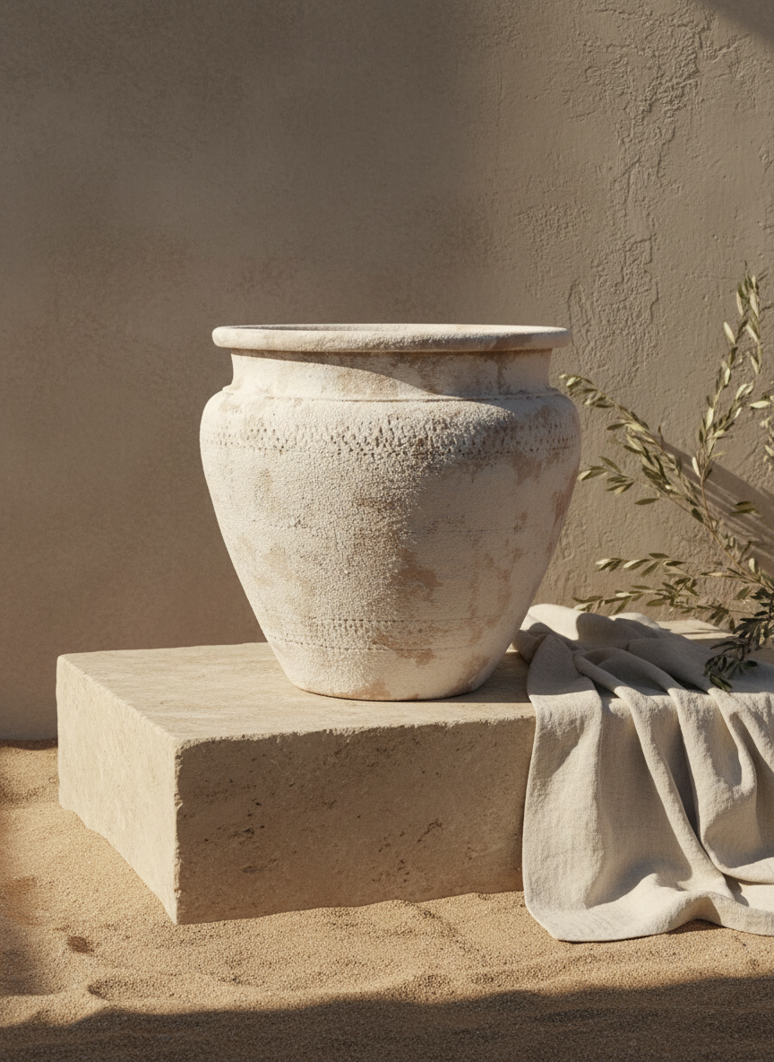 Vaso rustico in terracotta beige con corpo arrotondato e finitura materica