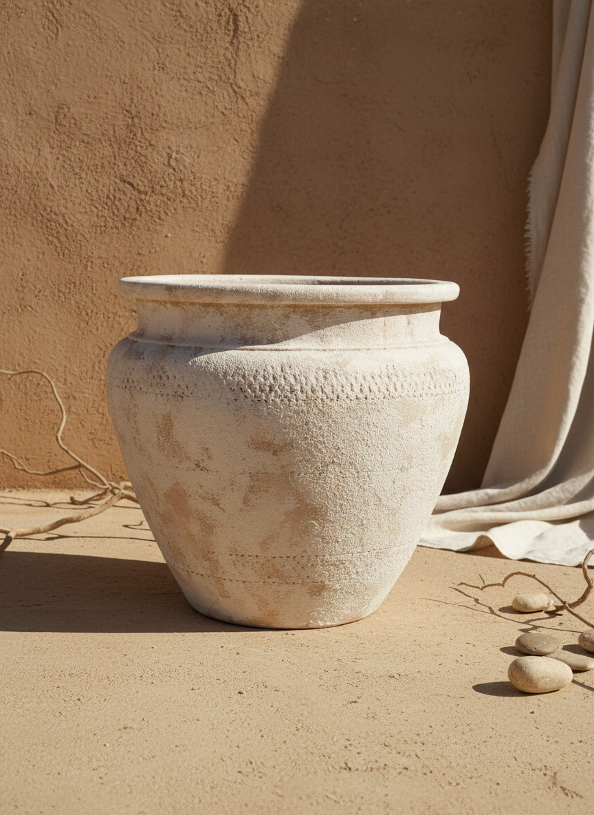 Vaso rustico in terracotta beige con corpo arrotondato e finitura materica