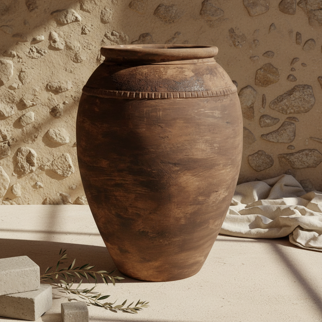 Rustikale dunkelbraune Terrakotta-Bodenvase mit strukturierter Antik-Optik