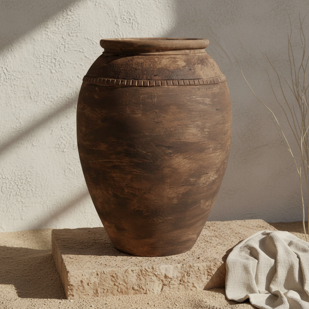 Rustikale dunkelbraune Terrakotta-Bodenvase mit strukturierter Antik-Optik
