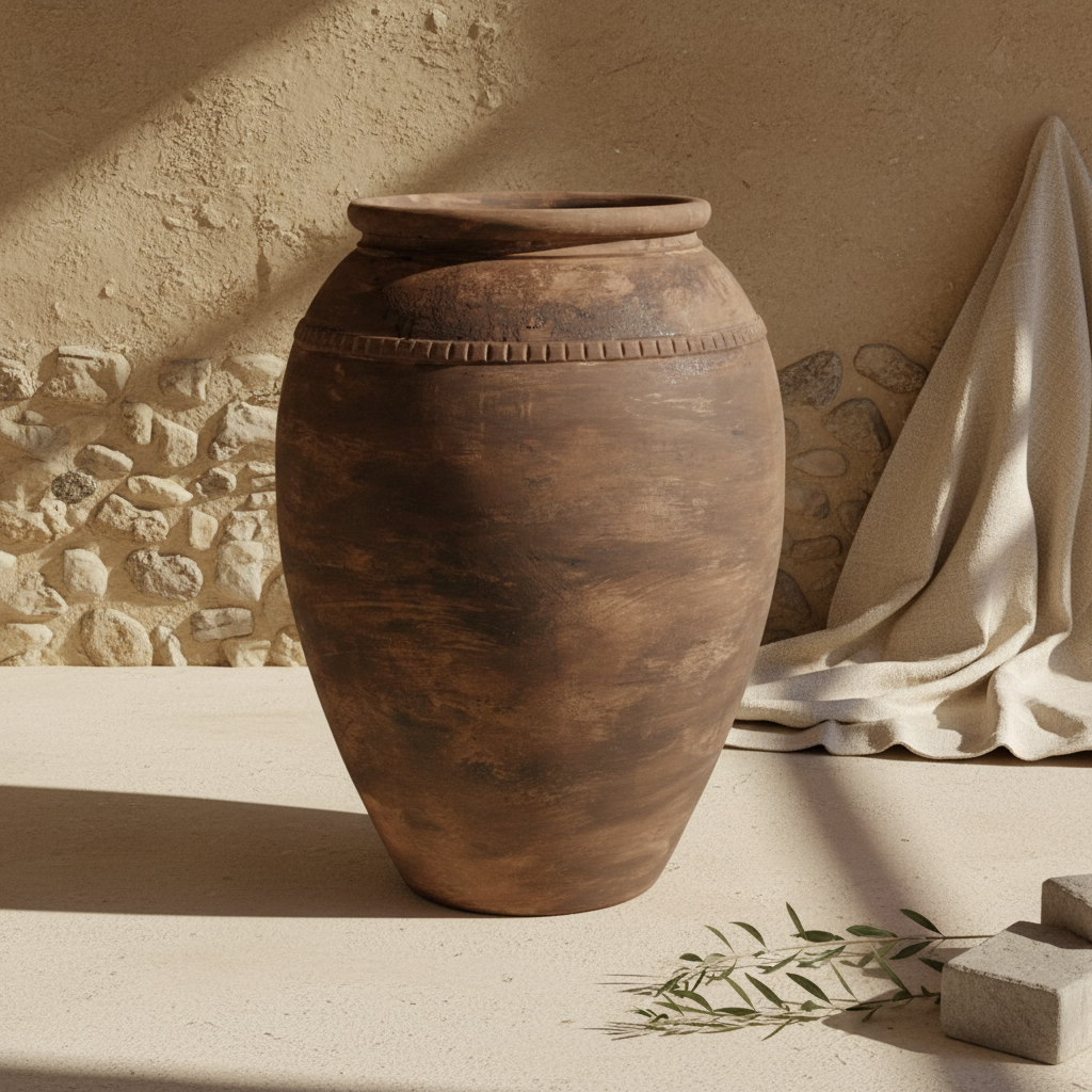Rustikale dunkelbraune Terrakotta-Bodenvase mit strukturierter Antik-Optik