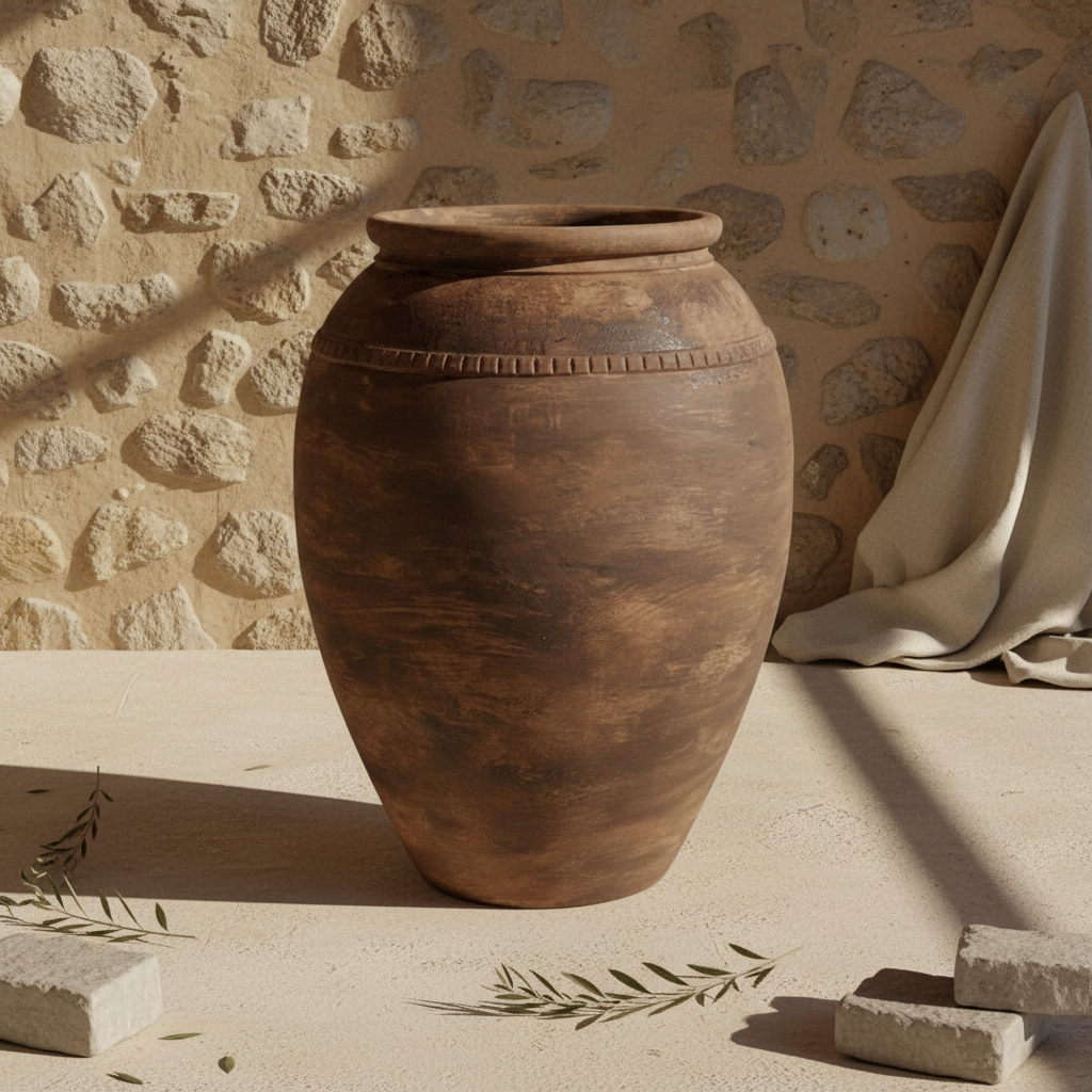 Rustikale dunkelbraune Terrakotta-Bodenvase mit strukturierter Antik-Optik