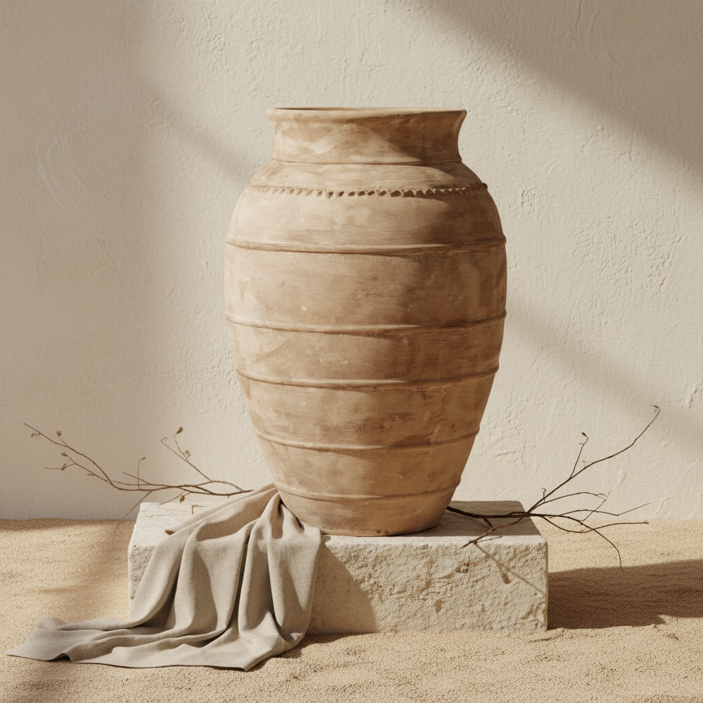 Vaso da Terra Rustico in Terracotta Marrone Caramello con Scanalature Orizzontali Testurizzate