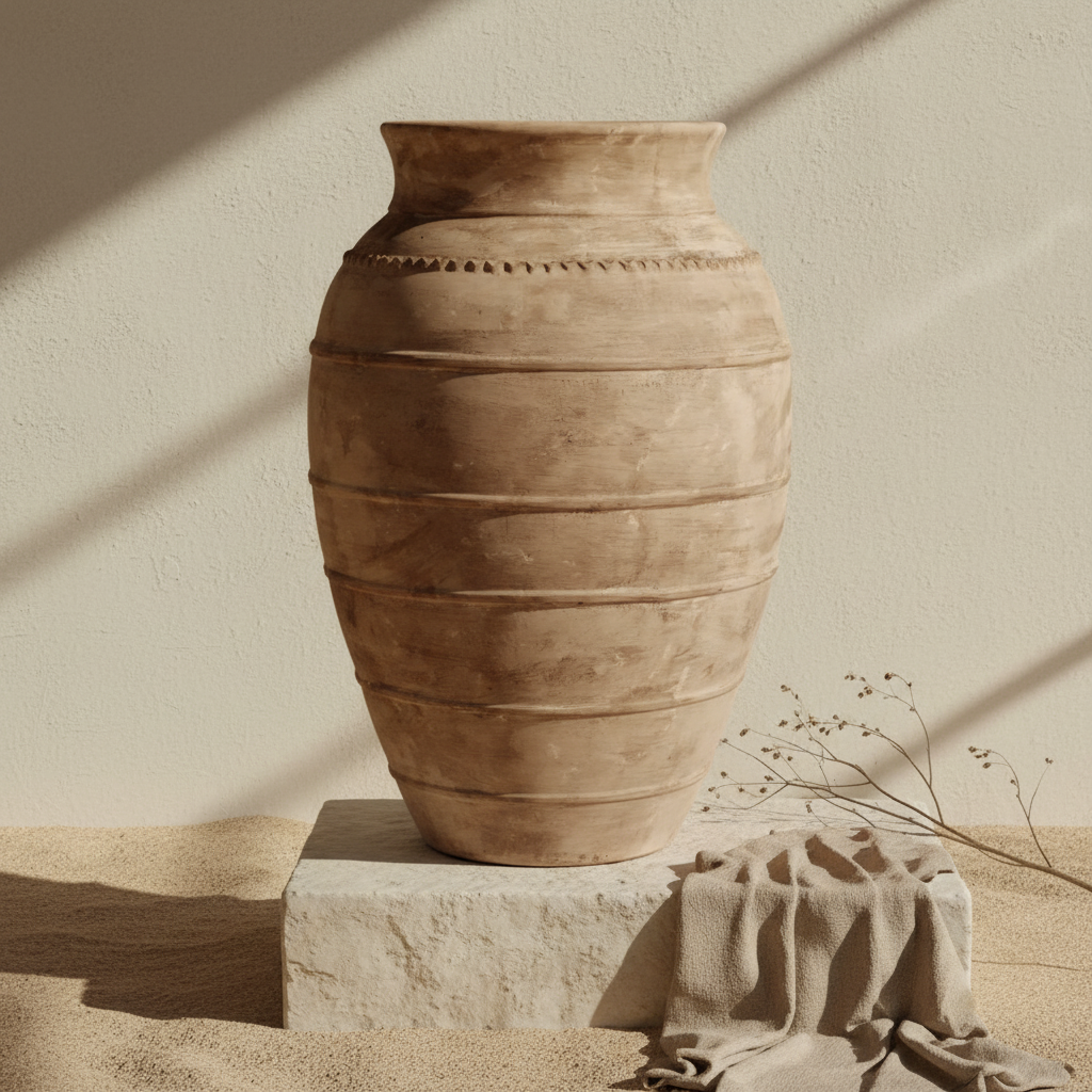 Vaso da Terra Rustico in Terracotta Marrone Caramello con Scanalature Orizzontali Testurizzate