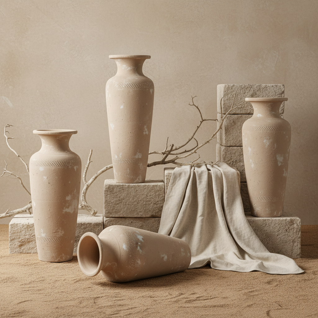 Jarrón de terracota beige texturizado con borde acampanado y silueta escultórica