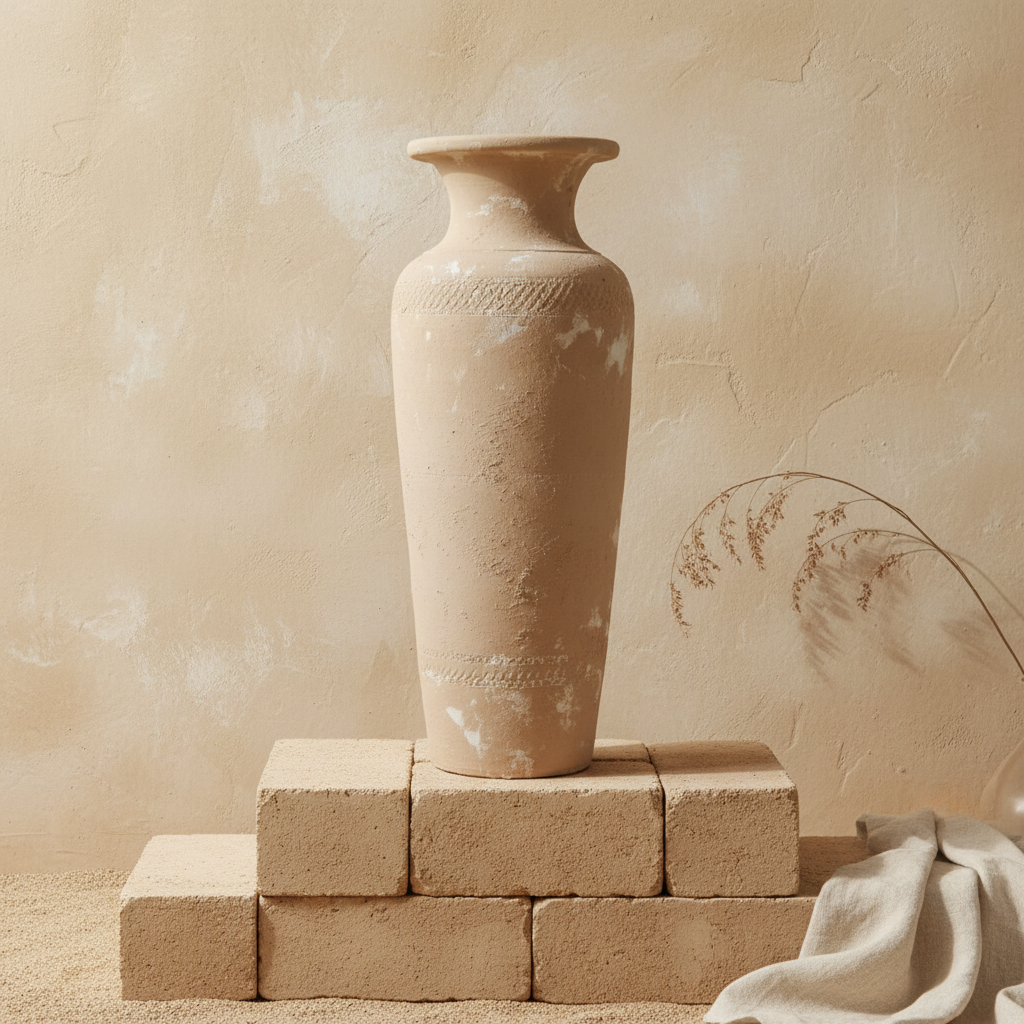 Jarrón de terracota beige texturizado con borde acampanado y silueta escultórica