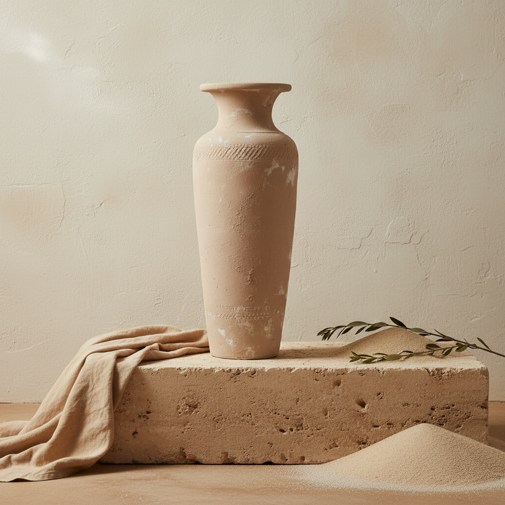 Jarrón de terracota beige texturizado con borde acampanado y silueta escultórica