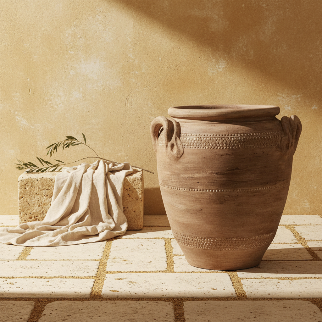 Rustieke bruine terracotta vaas met getextureerde banden en lushengreepen