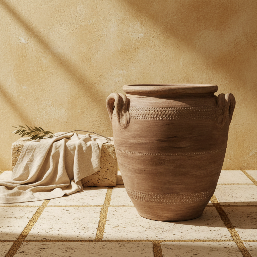 Rustieke bruine terracotta vaas met getextureerde banden en lushengreepen