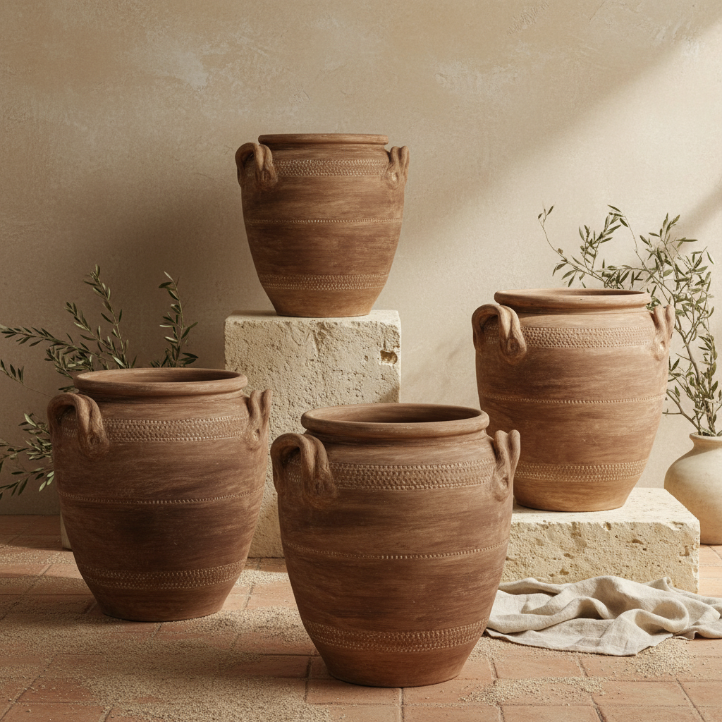 Rustieke bruine terracotta vaas met getextureerde banden en lushengreepen