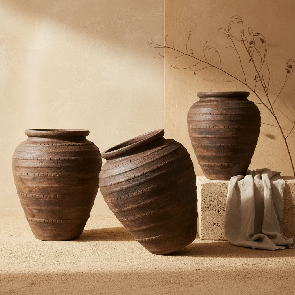 Rustieke bruine terracotta bloempot met getextureerde banden en een afgeronde silhouet