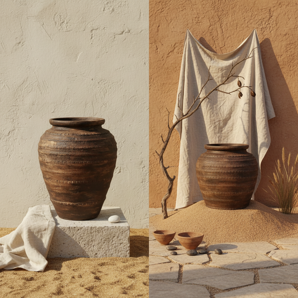 Rustieke bruine terracotta bloempot met getextureerde banden en een afgeronde silhouet