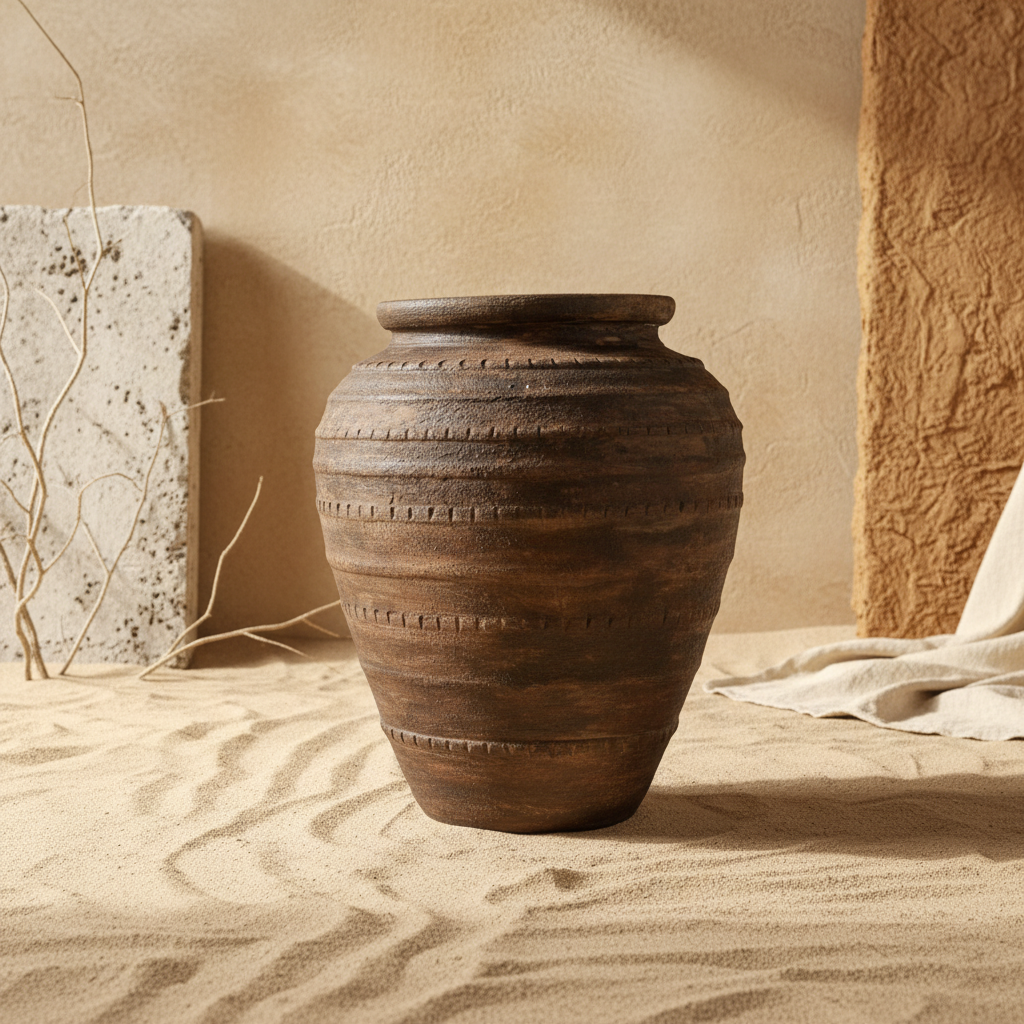 Rustieke bruine terracotta bloempot met getextureerde banden en een afgeronde silhouet