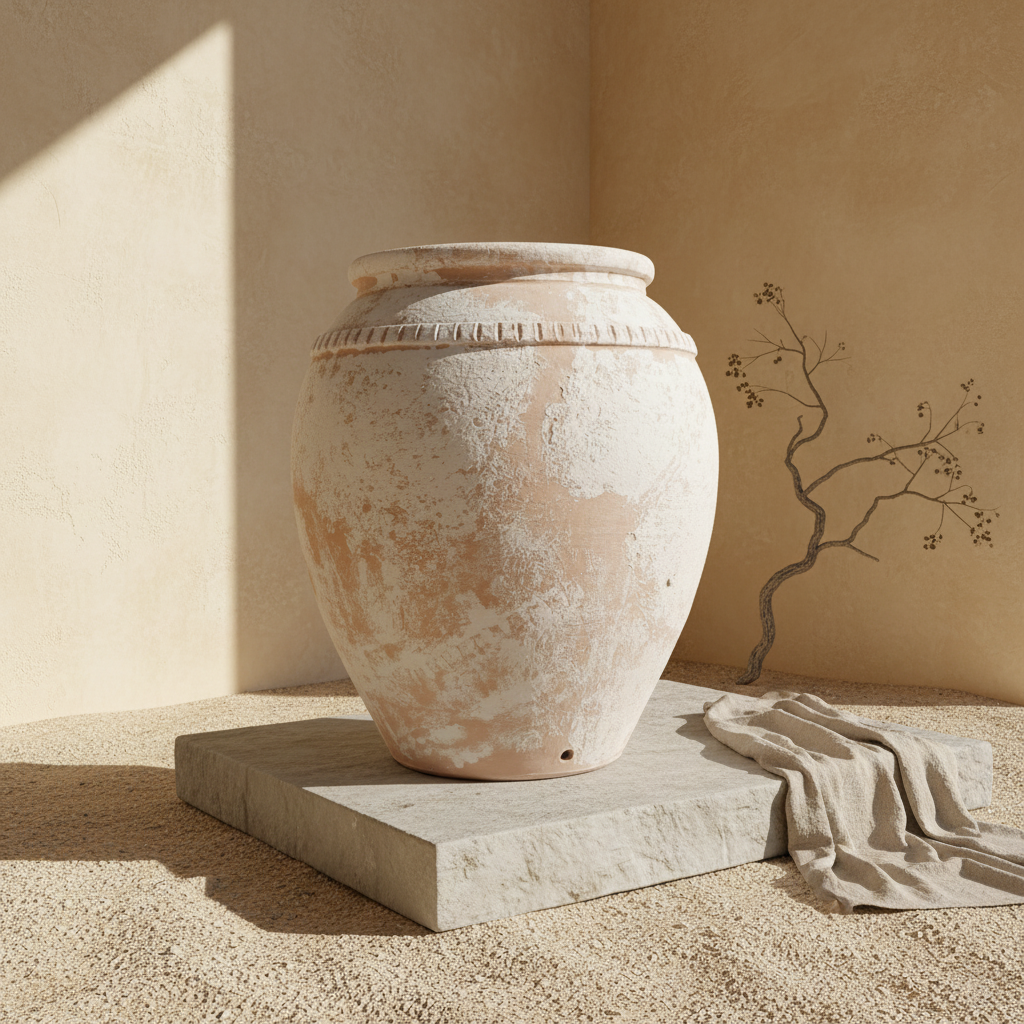 Pot en terre cuite beige rustique au corps arrondi et à la finition texturée
