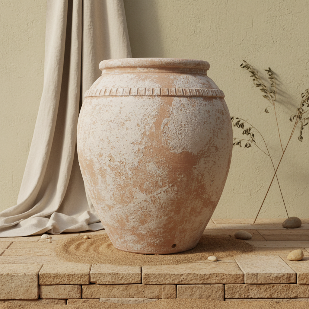 Pot en terre cuite beige rustique au corps arrondi et à la finition texturée