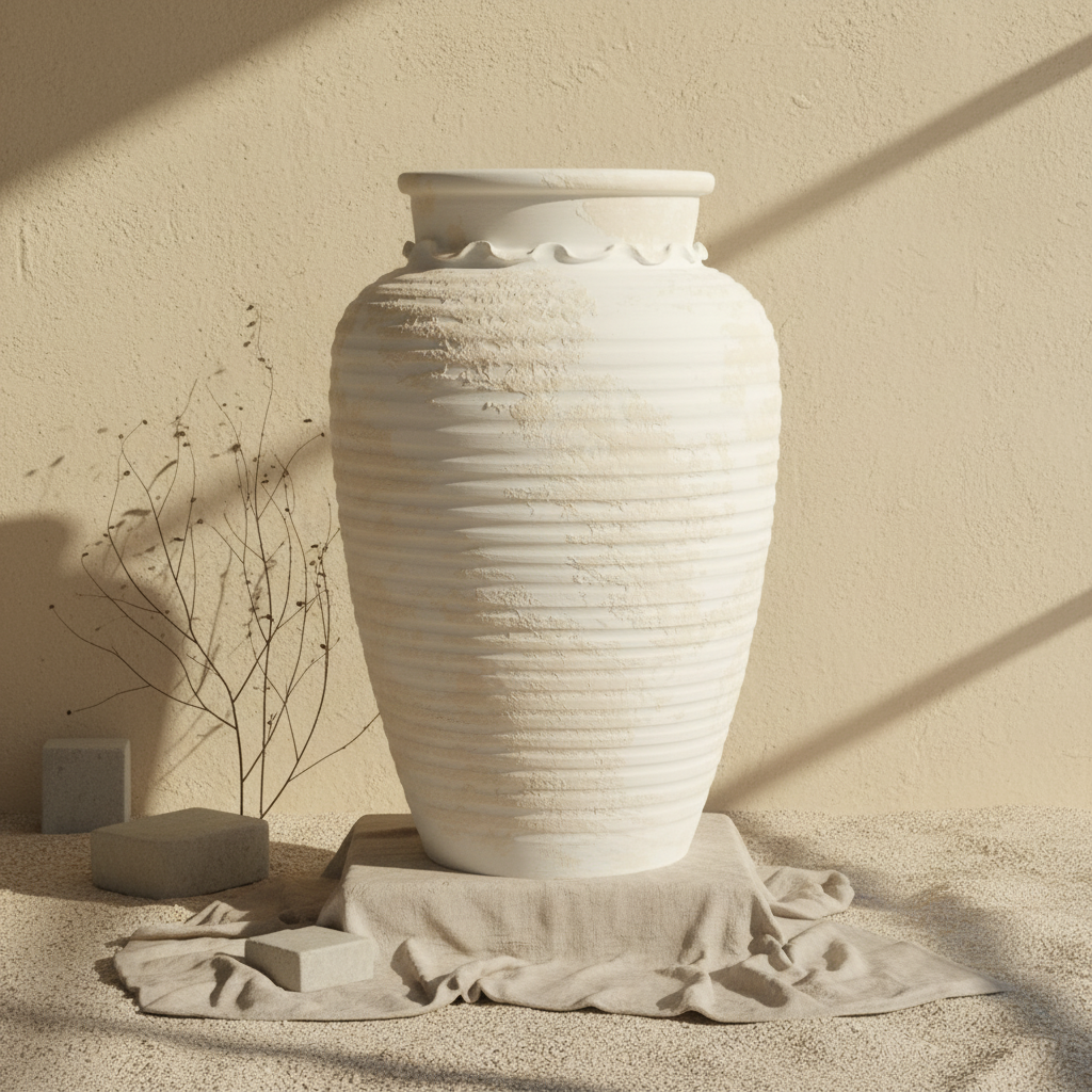 Elfenbeinfarbene gerippte Terrakotta-Bodenvase mit rustikaler, strukturierter Rundsilhouette