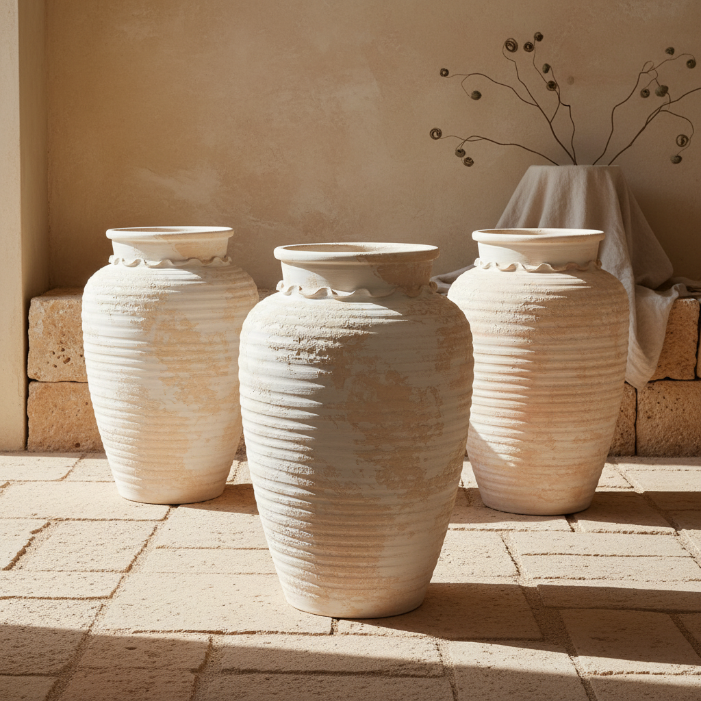Elfenbeinfarbene gerippte Terrakotta-Bodenvase mit rustikaler, strukturierter Rundsilhouette