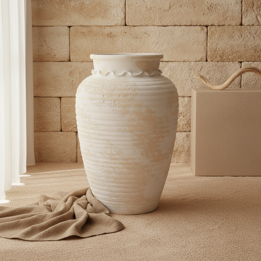 Elfenbeinfarbene gerippte Terrakotta-Bodenvase mit rustikaler, strukturierter Rundsilhouette