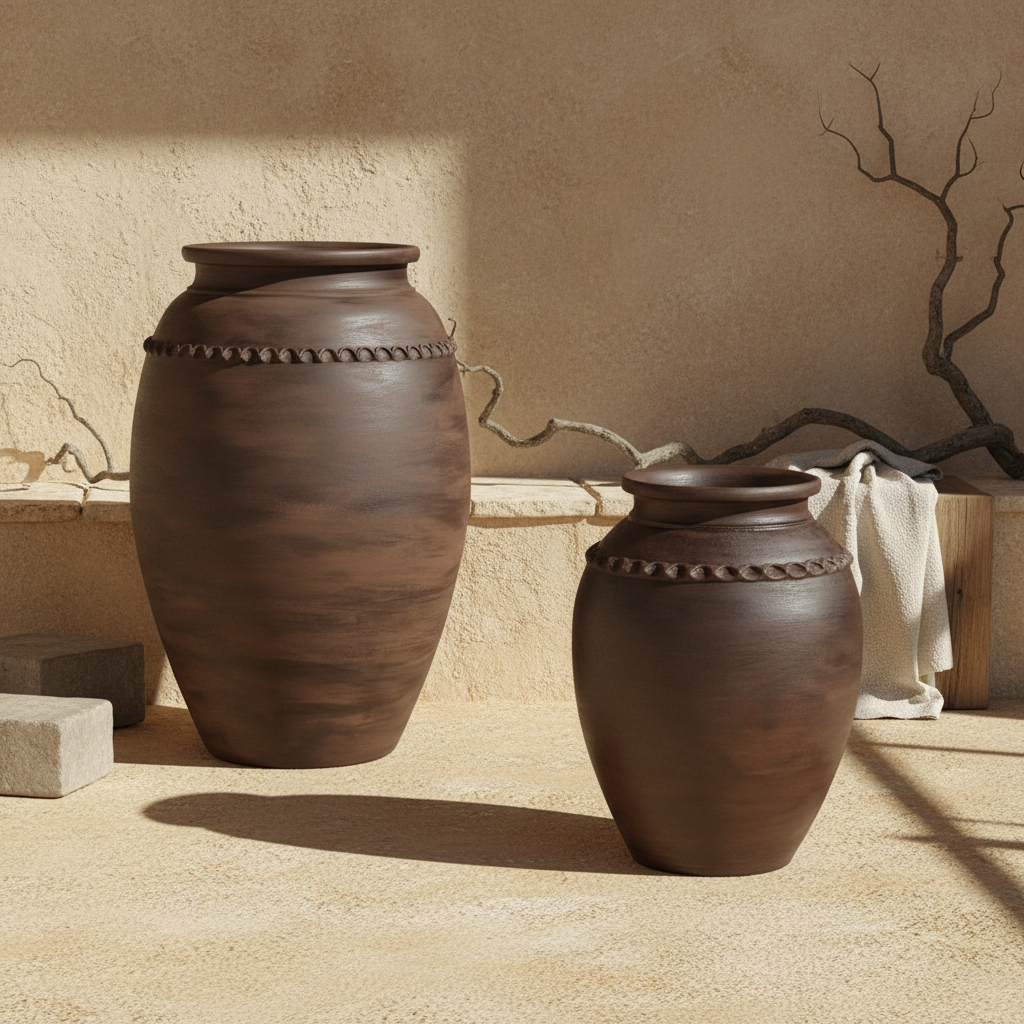 Pot en terre cuite rustique marron foncé avec détail décoratif en relief en forme d’anse