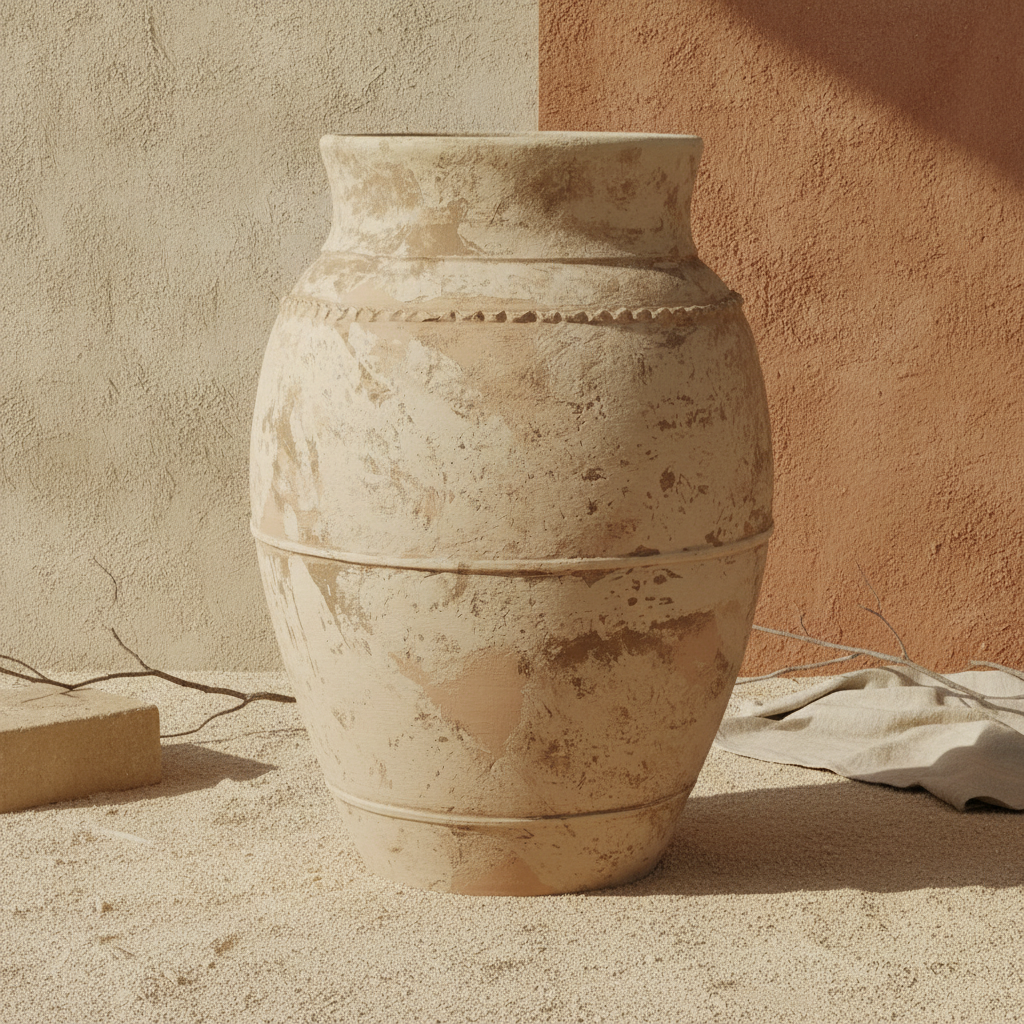 Rustikale beige Terrakotta-Vase mit Used-Optik und erhabenen Ringen