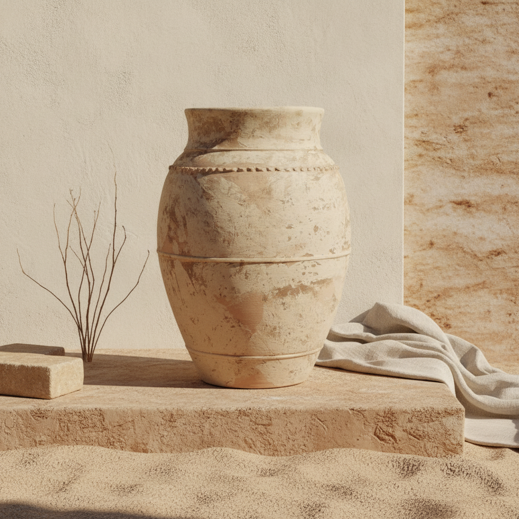 Rustikale beige Terrakotta-Vase mit Used-Optik und erhabenen Ringen