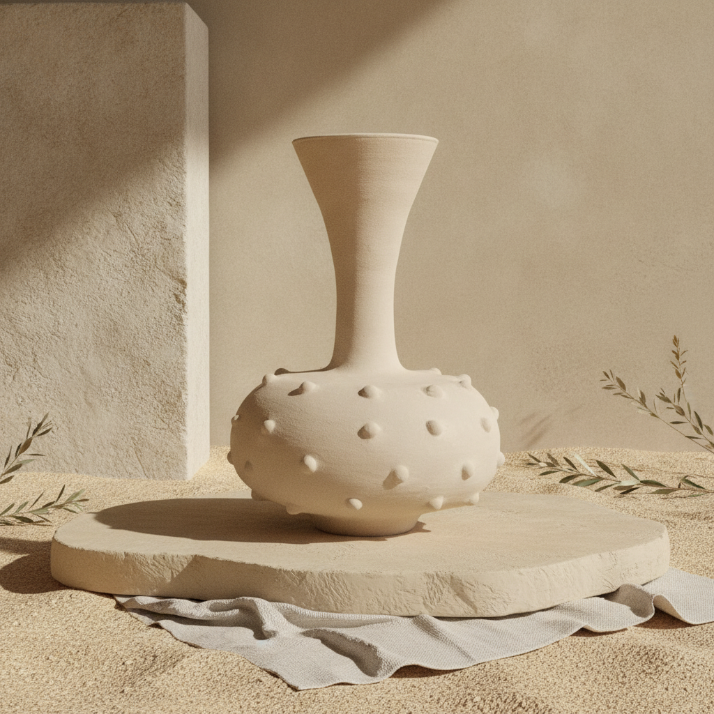 Jarrón decorativo color terracota marfil con base redondeada texturizada y cuello acampanado