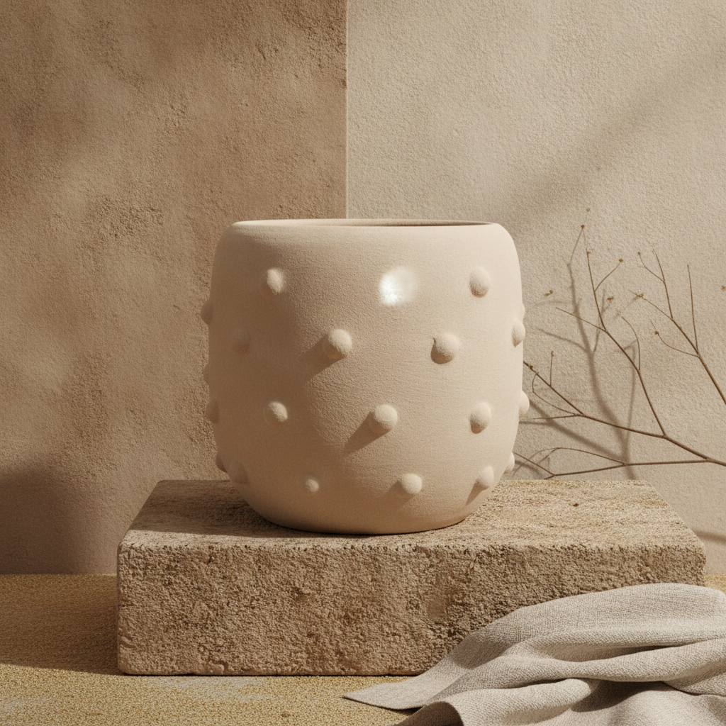 Grand vase beige terracotta avec détails texturés en relief pour l'intérieur