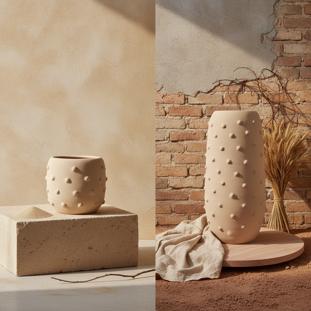 Tall Beige Terracotta Vase with Raised Textured Details for Interiors