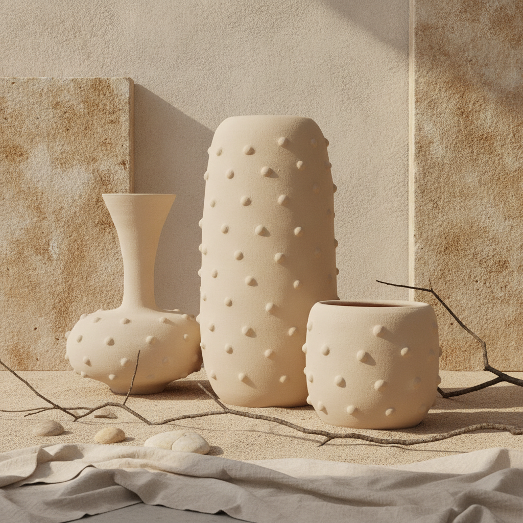 Ivoorwitte Terracotta Decoratieve Vaas met Gestructureerde Ronde Voet en Uitlopende Hals