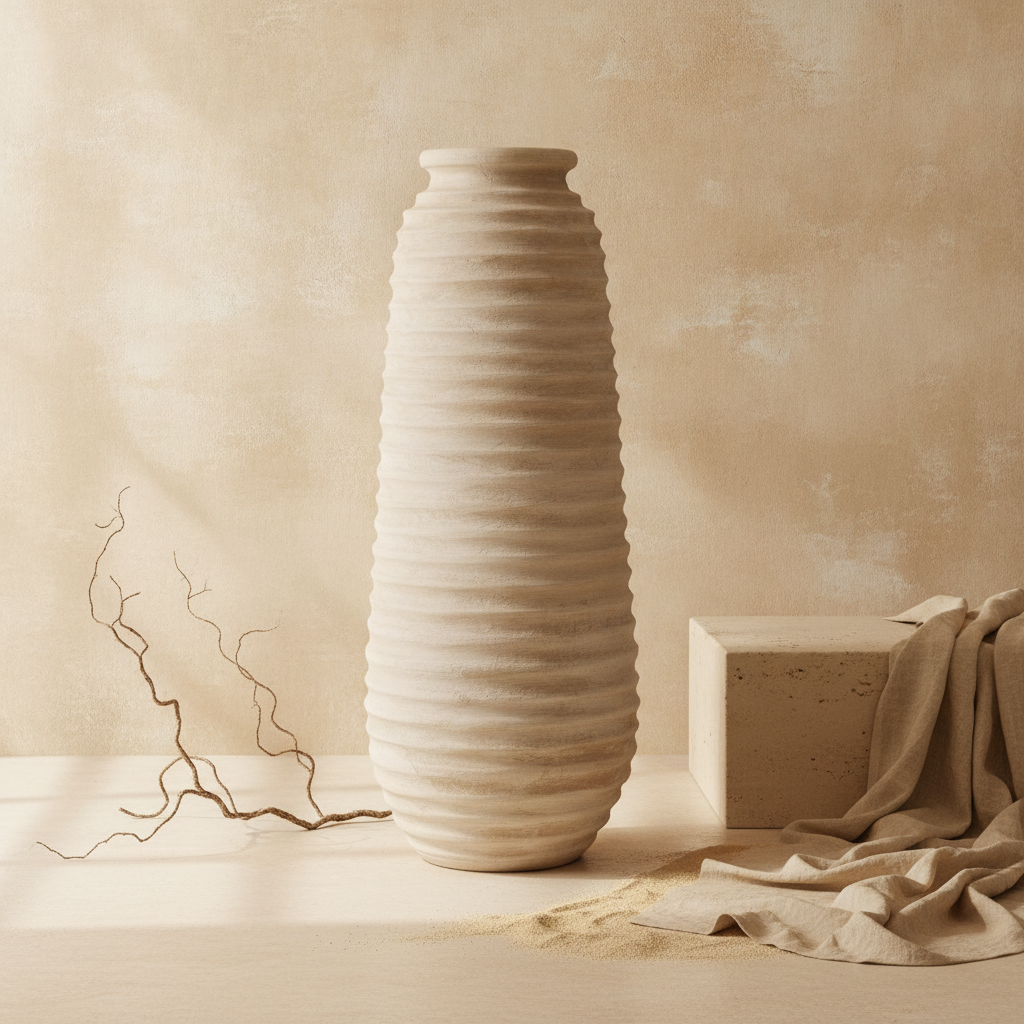Grand vase au sol en terre cuite ivoire côtelée avec finition sculpturale texturée