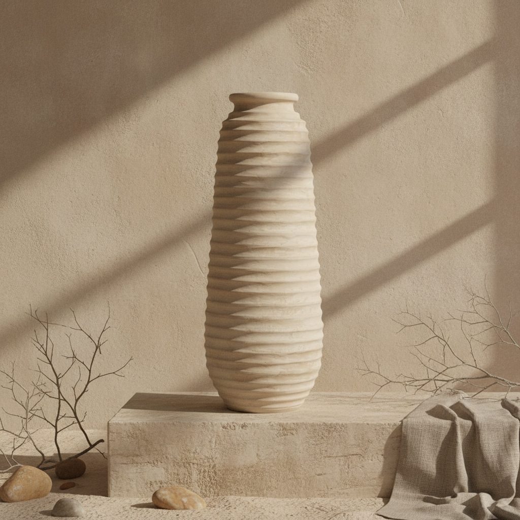 Grand vase au sol en terre cuite ivoire côtelée avec finition sculpturale texturée