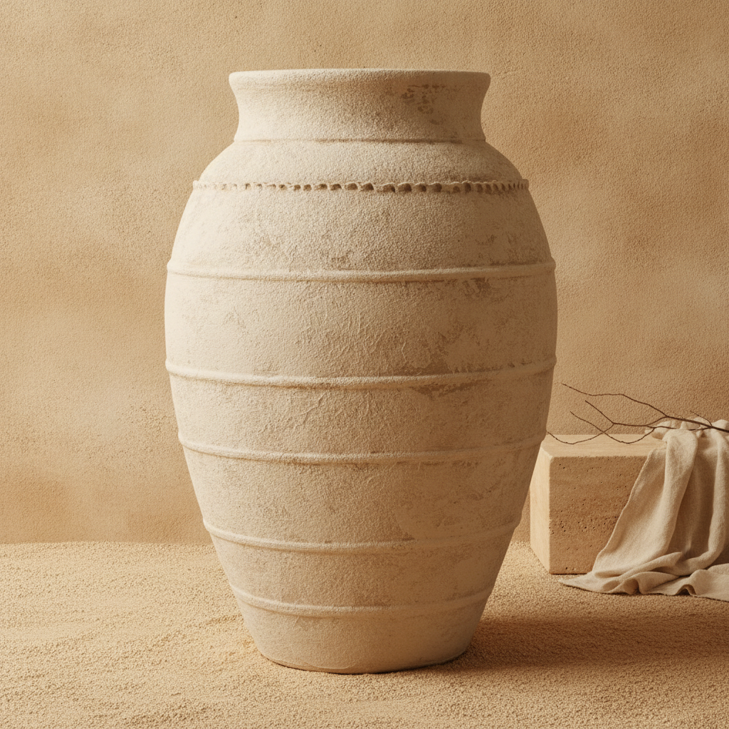Vase de sol rustique en terre cuite beige sable à rainures horizontales texturées