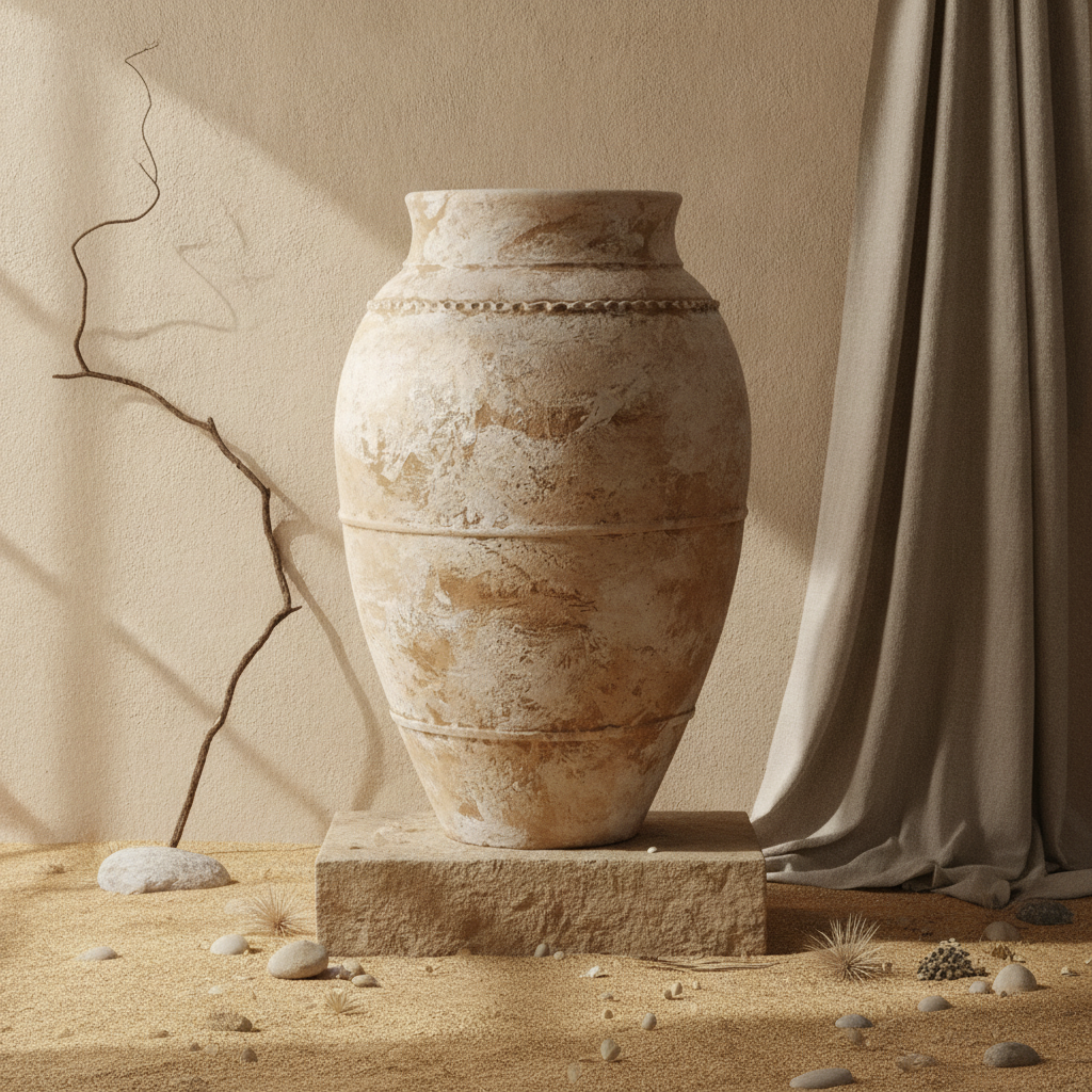 Grand Vase de Sol Ivoire Beige Terracotta avec Finition Rustique Texturée