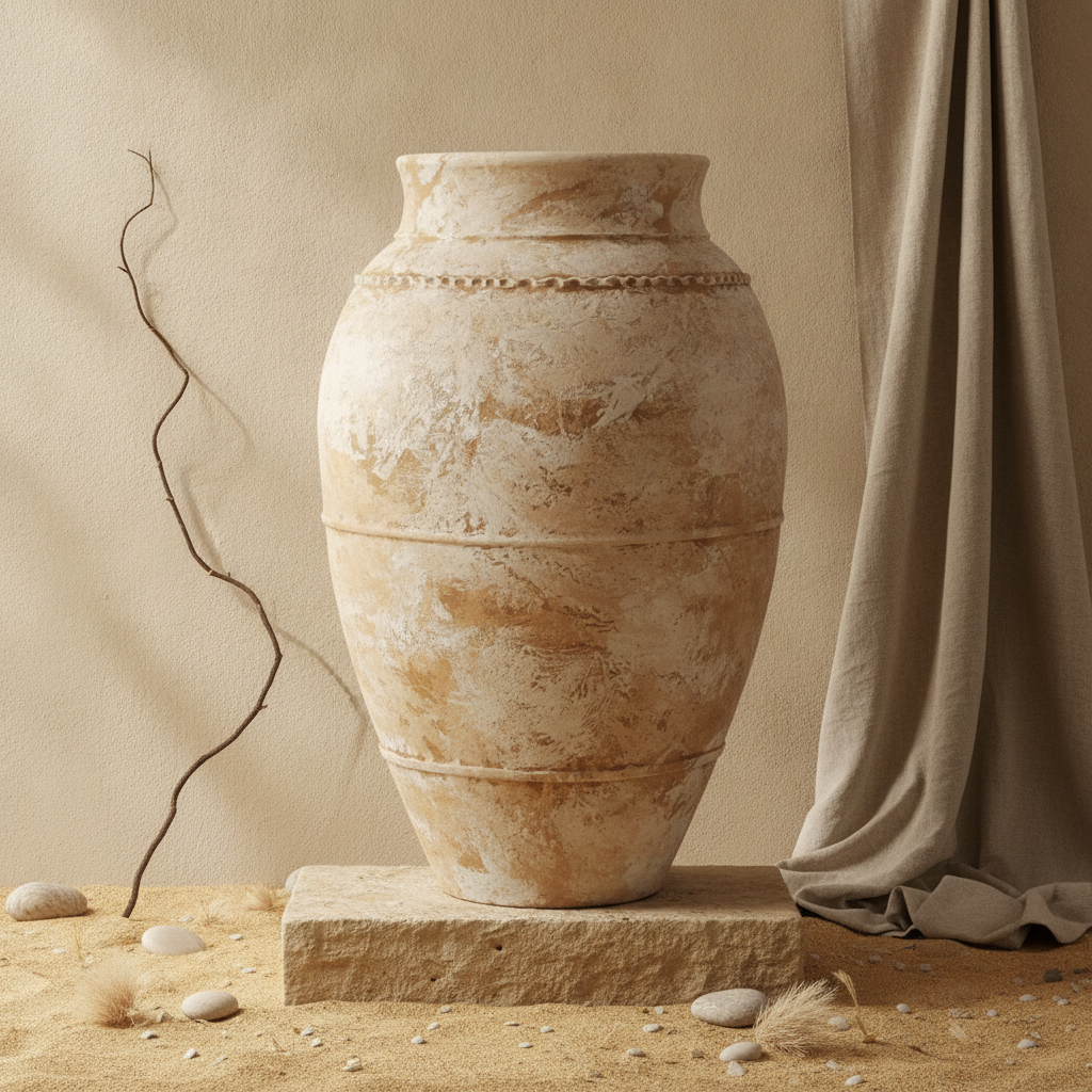 Hohe Bodenvase in Elfenbein, Beige und Terrakotta mit rustikaler Strukturierung