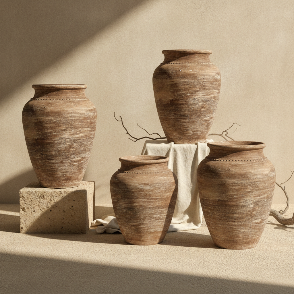 Vase de sol rustique en terre cuite marron avec finition en céramique vieillie texturée