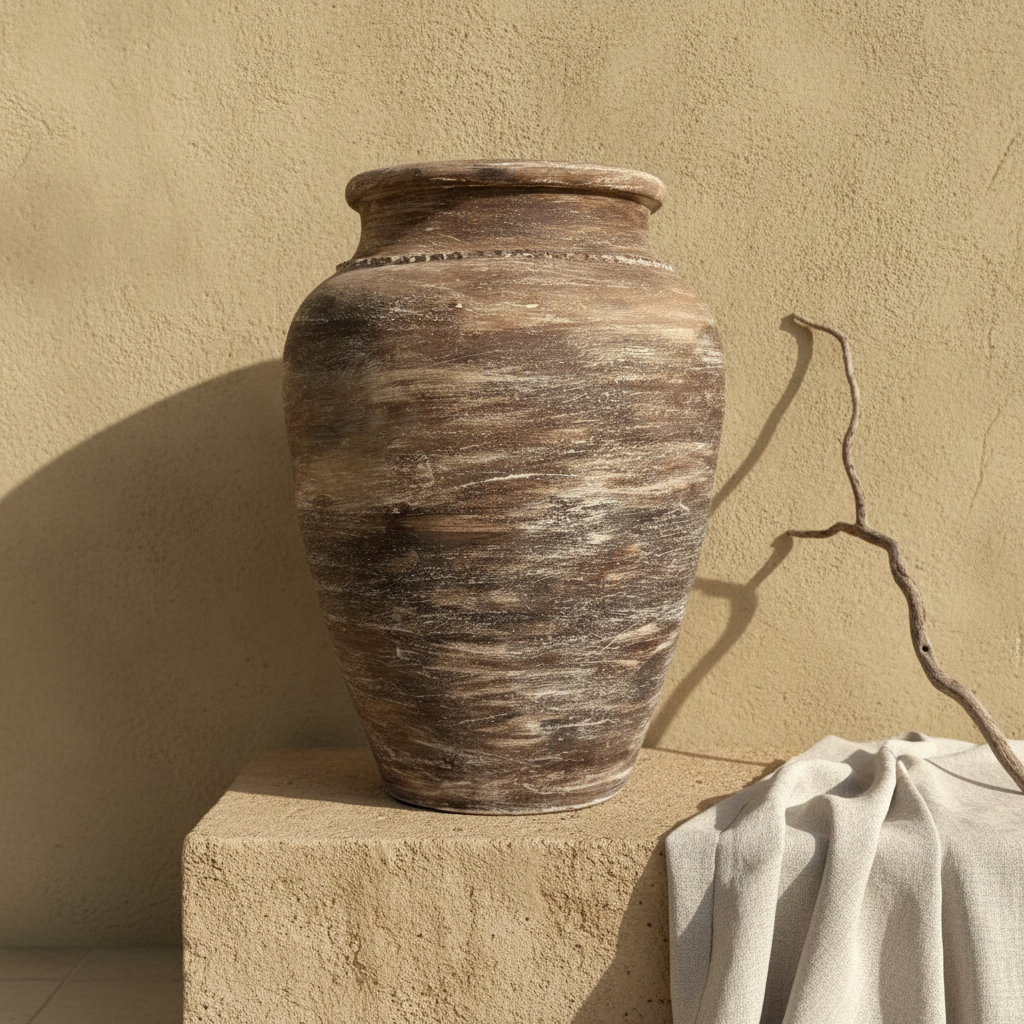 Rustikale braune Terrakotta-Bodenvase mit strukturierter, gealterter Keramikoberfläche