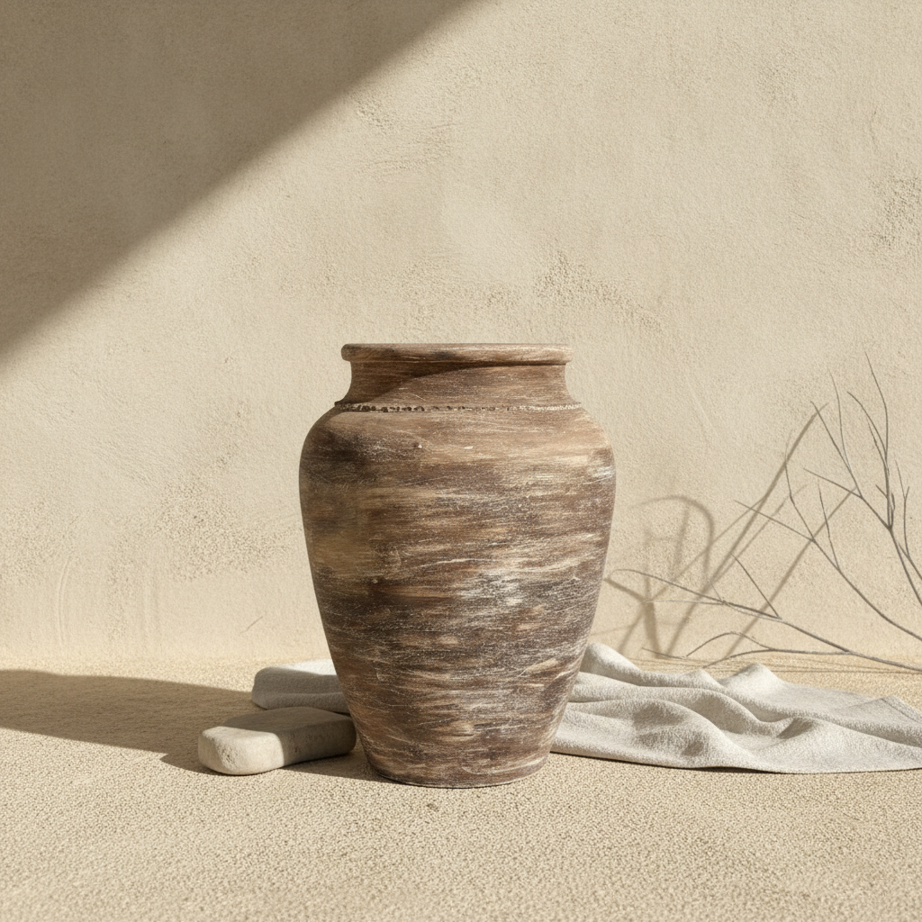 Rustikale braune Terrakotta-Bodenvase mit strukturierter, gealterter Keramikoberfläche