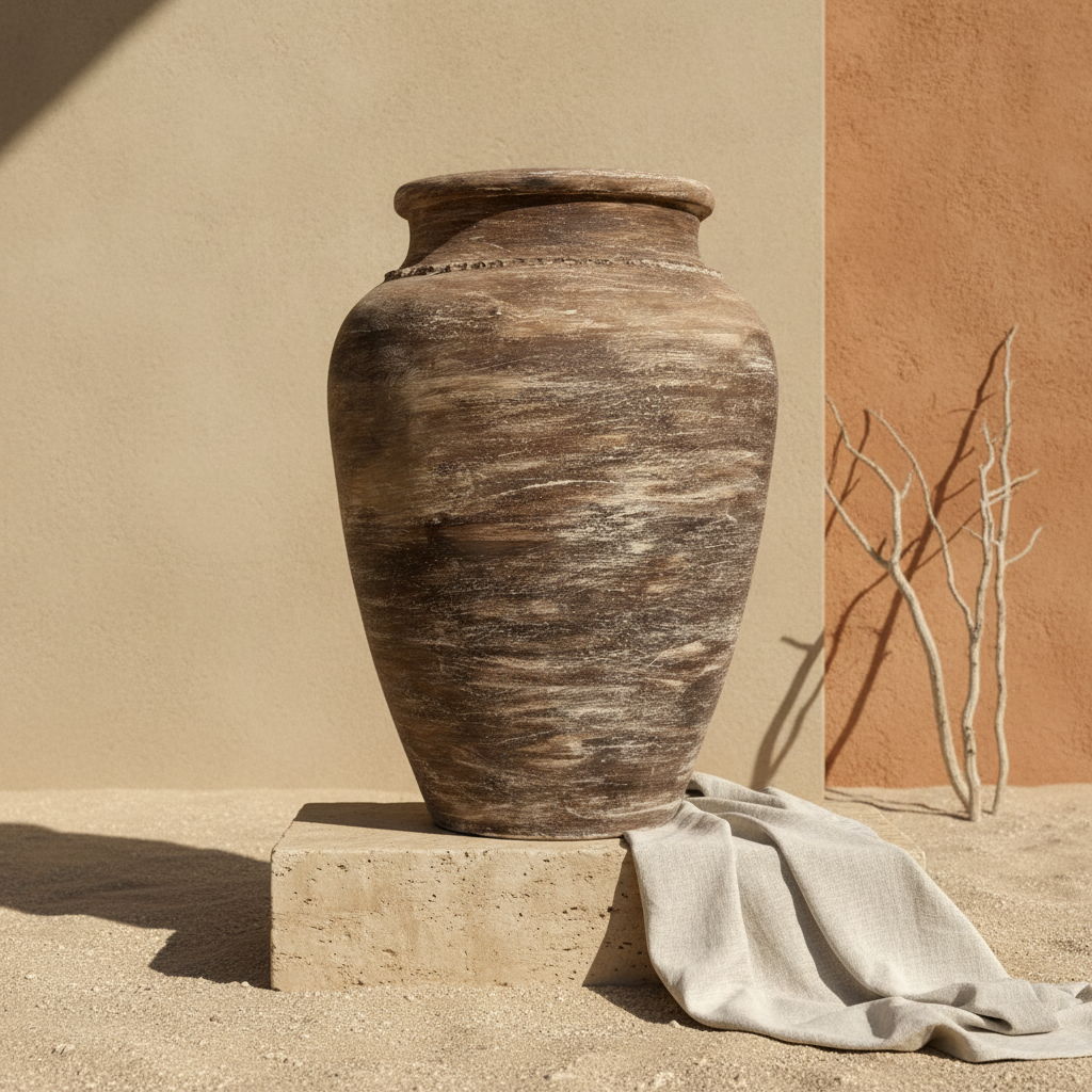 Vase de sol rustique en terre cuite marron avec finition en céramique vieillie texturée