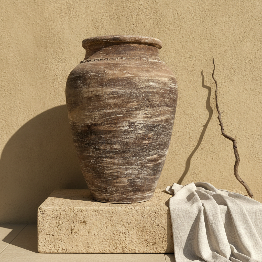 Rustikale braune Terrakotta-Bodenvase mit strukturierter, gealterter Keramikoberfläche