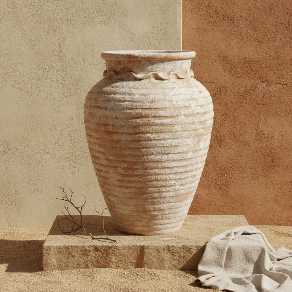 Vase de sol rustique en terre cuite beige avec texture côtelée et épaules arrondies