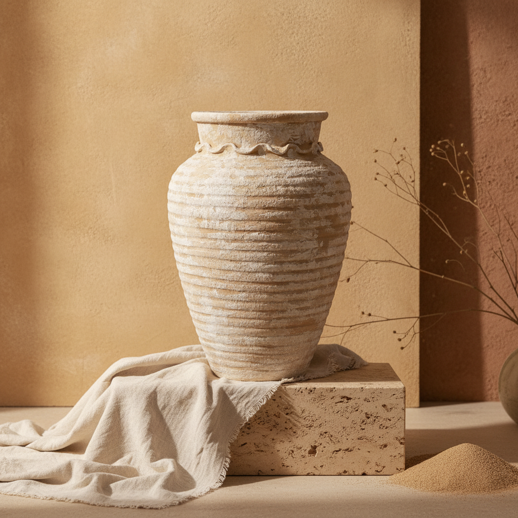 Rustieke beige terracotta vloervaas met geribbelde textuur en ronde schouders